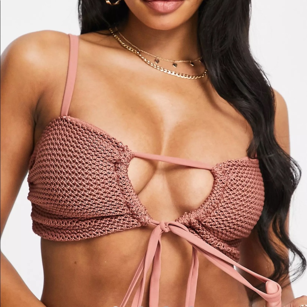 ASOS DESIGN fuller bust crochet tie front bandeau bikini top in copper brown